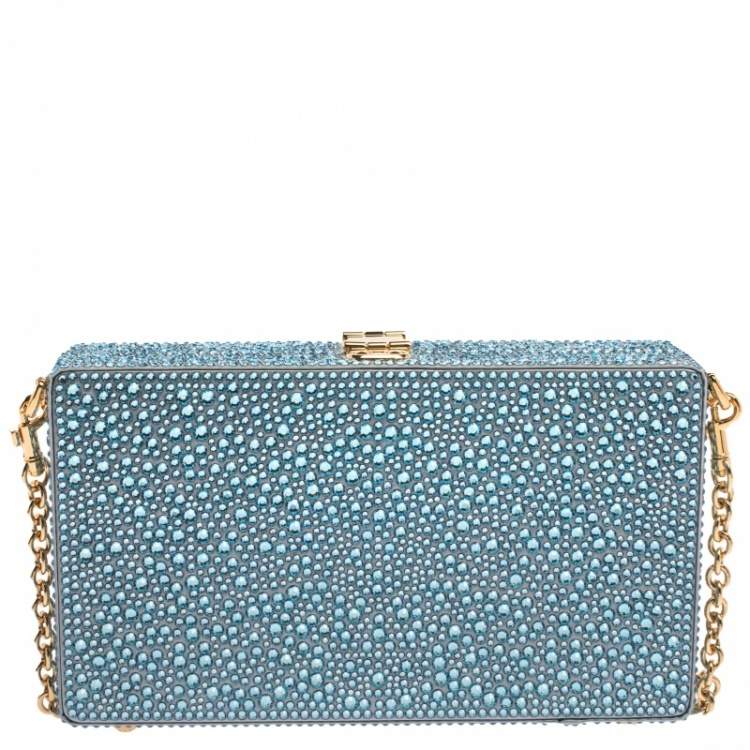 Pre Owned Dolce & Gabbana Azure Heat-Applied Rhinestones Dolce Box Chain Clutch
