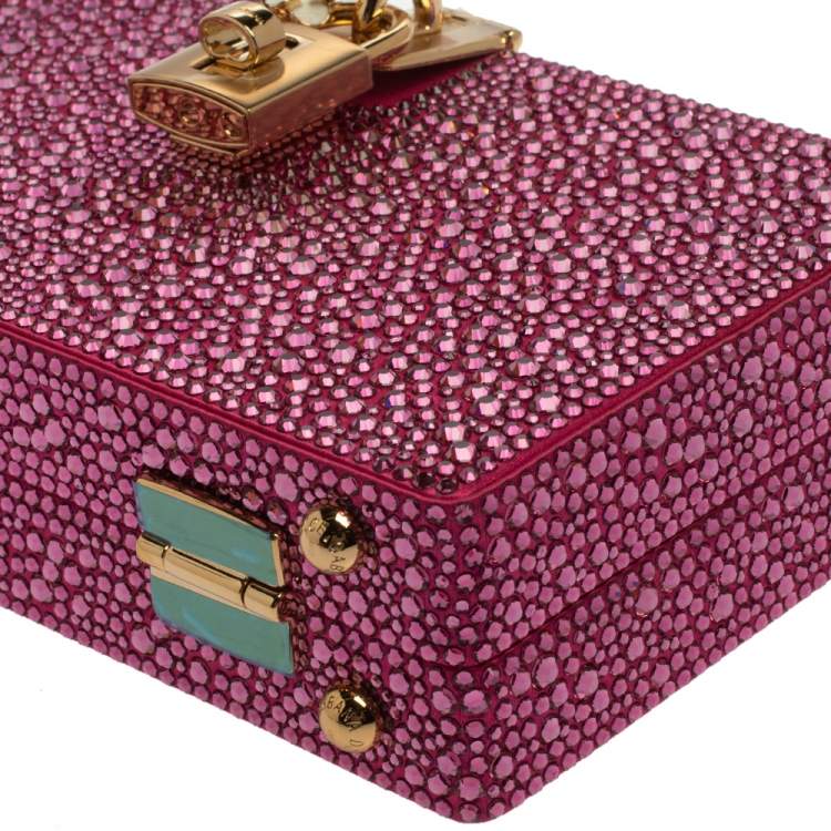 Pre Owned Dolce & Gabbana Pink Heat-Applied Rhinestones Dolce Box Chain Clutch