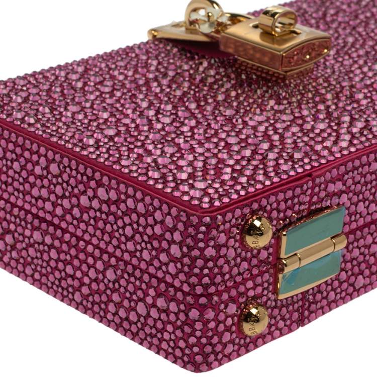 Pre Owned Dolce & Gabbana Pink Heat-Applied Rhinestones Dolce Box Chain Clutch