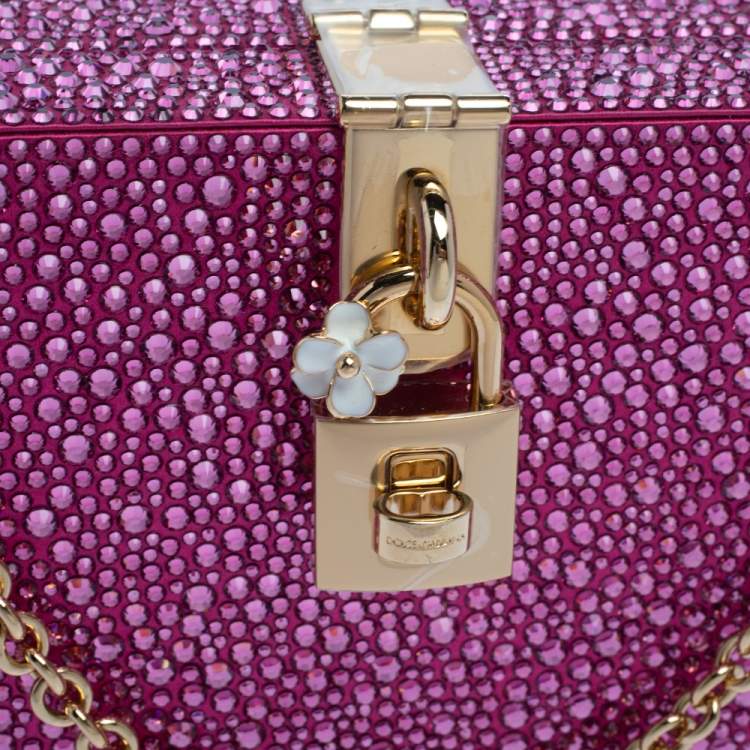 Pre Owned Dolce & Gabbana Pink Heat-Applied Rhinestones Dolce Box Chain Clutch
