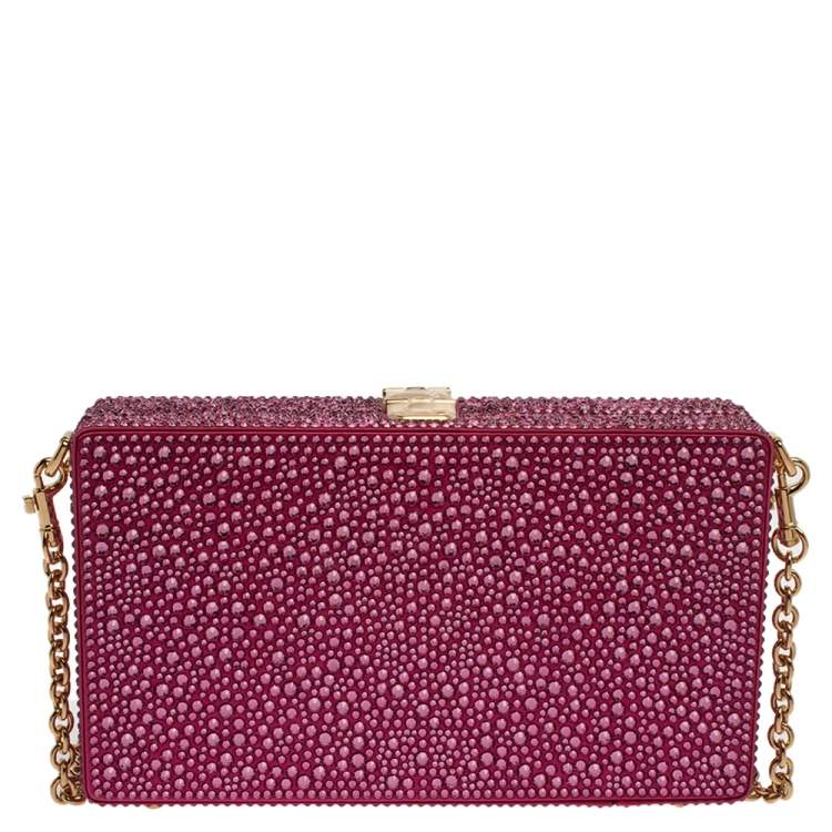 Pre Owned Dolce & Gabbana Pink Heat-Applied Rhinestones Dolce Box Chain Clutch