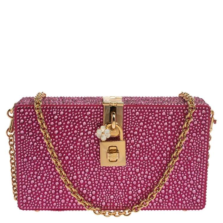 Pre Owned Dolce & Gabbana Pink Heat-Applied Rhinestones Dolce Box Chain Clutch