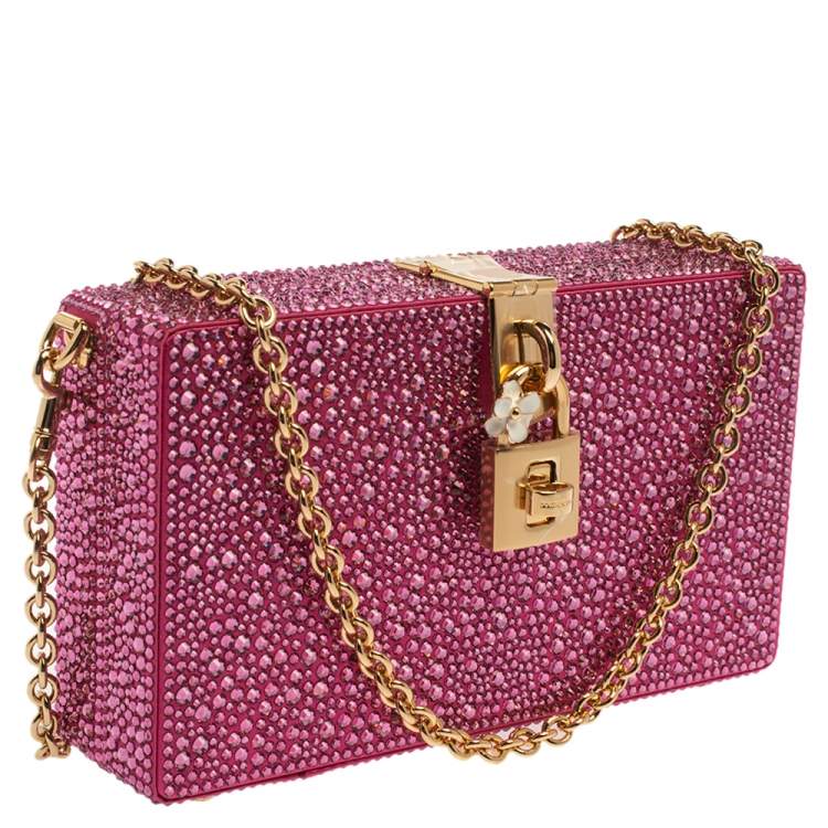 Pre Owned Dolce & Gabbana Pink Heat-Applied Rhinestones Dolce Box Chain Clutch