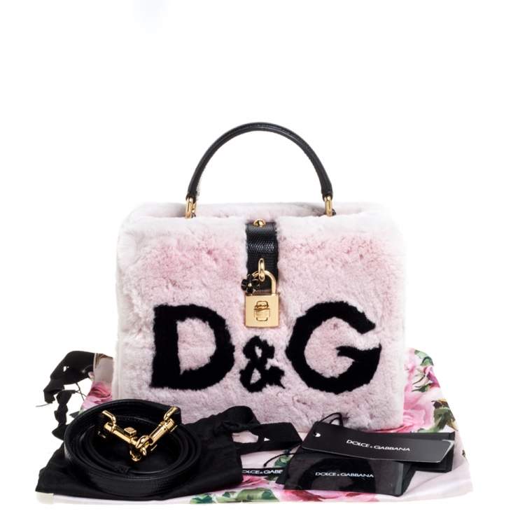 Pre Owned Dolce & Gabbana Dusty Pink/Black Rabbit Fur and Lizard Embossed Leather Dolce Box Top Handle Bag