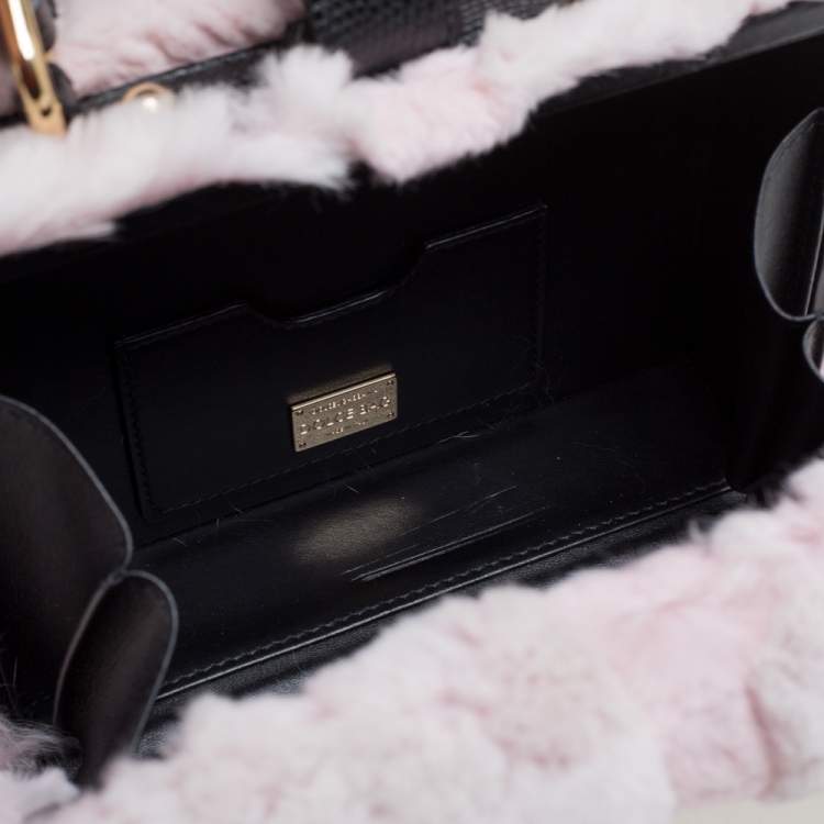 Pre Owned Dolce & Gabbana Dusty Pink/Black Rabbit Fur and Lizard Embossed Leather Dolce Box Top Handle Bag