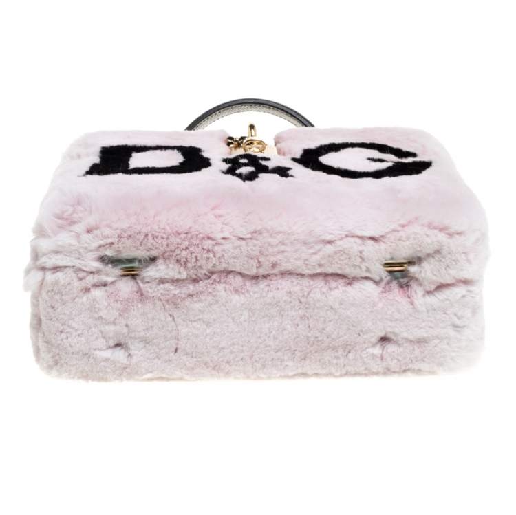 Pre Owned Dolce & Gabbana Dusty Pink/Black Rabbit Fur and Lizard Embossed Leather Dolce Box Top Handle Bag