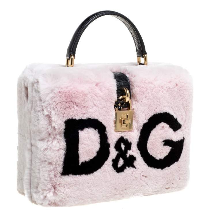 Pre Owned Dolce & Gabbana Dusty Pink/Black Rabbit Fur and Lizard Embossed Leather Dolce Box Top Handle Bag