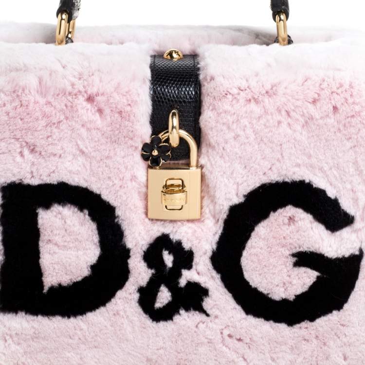 Pre Owned Dolce & Gabbana Dusty Pink/Black Rabbit Fur and Lizard Embossed Leather Dolce Box Top Handle Bag