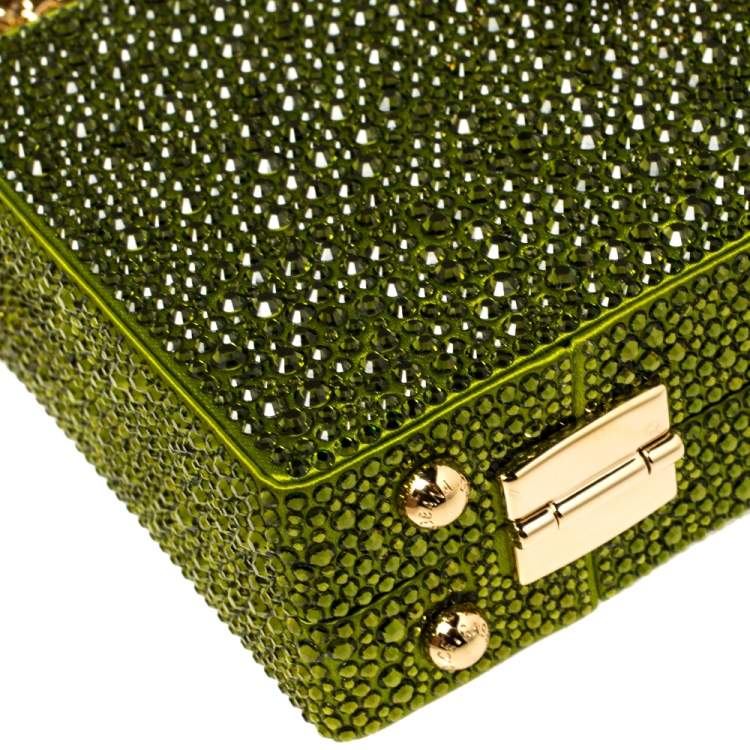 Pre Owned Dolce & Gabbana Green Heat-Applied Rhinestones Dolce Box Chain Clutch