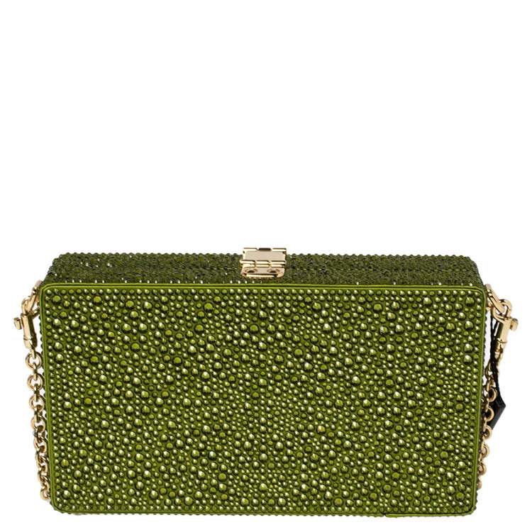 Pre Owned Dolce & Gabbana Green Heat-Applied Rhinestones Dolce Box Chain Clutch
