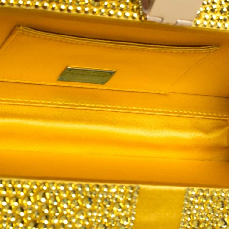 Pre Owned Dolce & Gabbana Yellow Heat-Applied Rhinestones Dolce Box Chain Clutch
