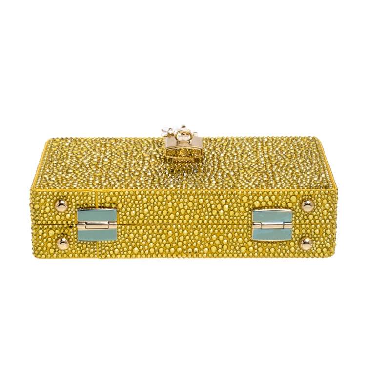 Pre Owned Dolce & Gabbana Yellow Heat-Applied Rhinestones Dolce Box Chain Clutch