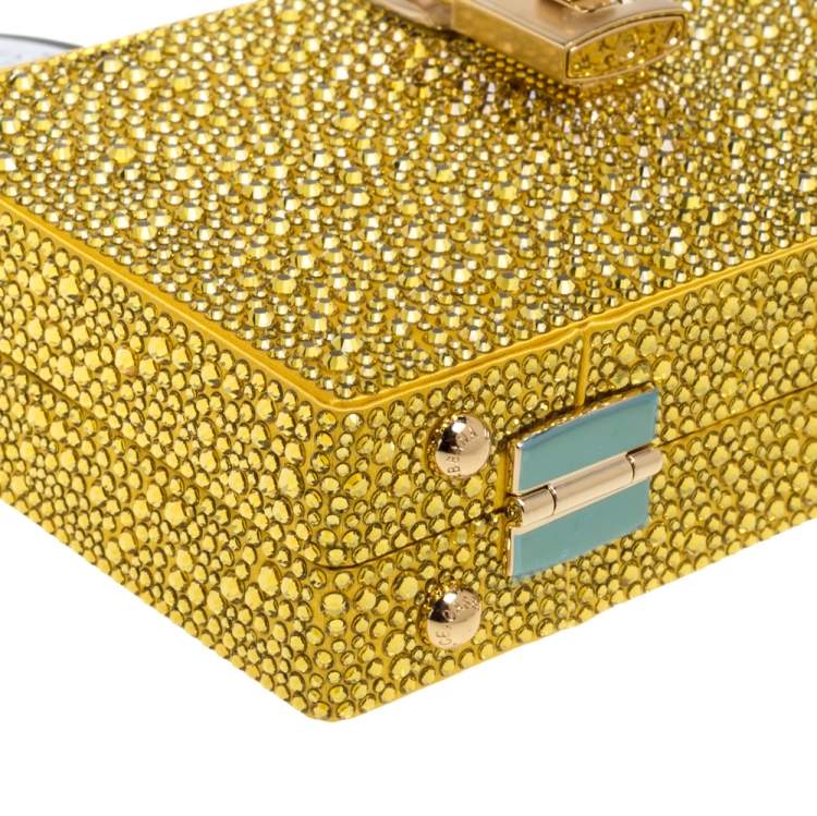 Pre Owned Dolce & Gabbana Yellow Heat-Applied Rhinestones Dolce Box Chain Clutch