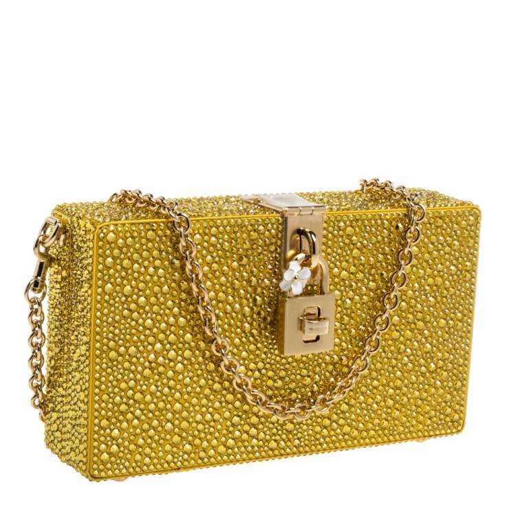 Pre Owned Dolce & Gabbana Yellow Heat-Applied Rhinestones Dolce Box Chain Clutch