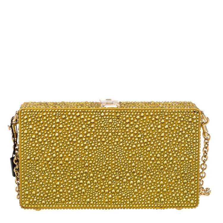 Pre Owned Dolce & Gabbana Yellow Heat-Applied Rhinestones Dolce Box Chain Clutch