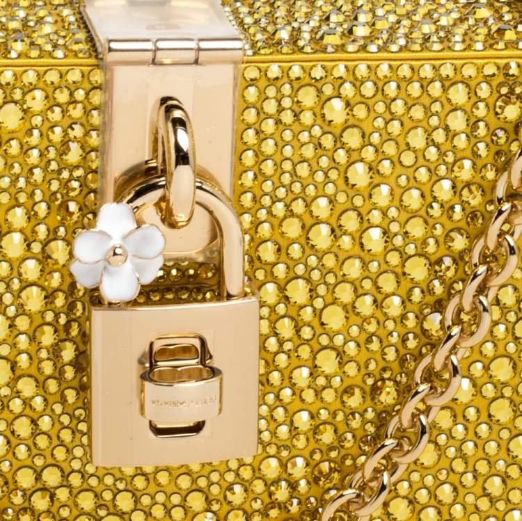 Pre Owned Dolce & Gabbana Yellow Heat-Applied Rhinestones Dolce Box Chain Clutch