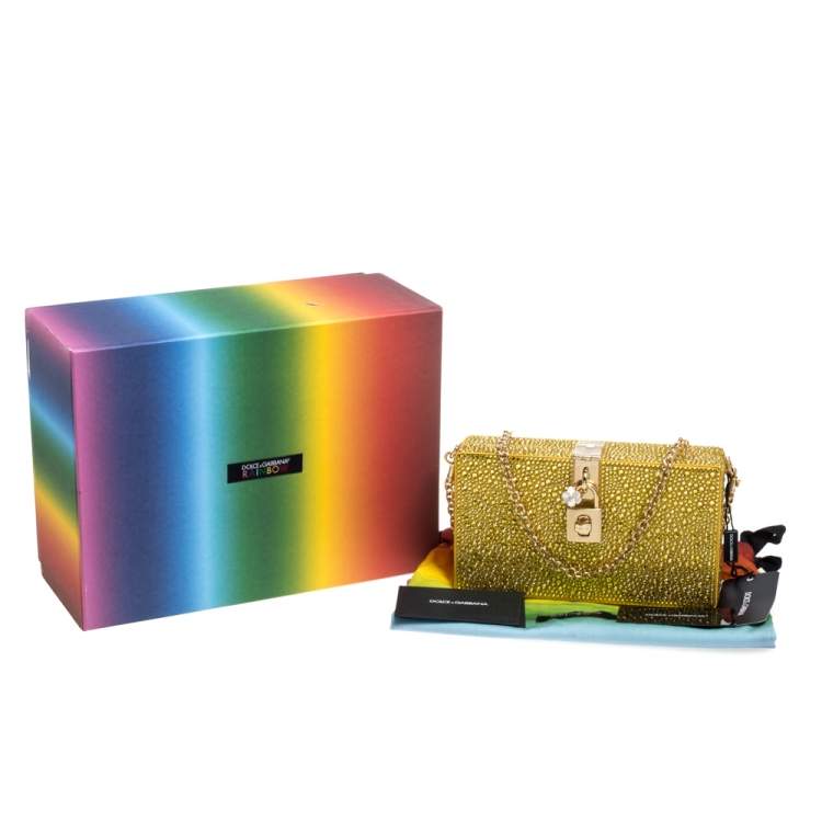 Pre Owned Dolce & Gabbana Yellow Heat-Applied Rhinestones Dolce Box Chain Clutch