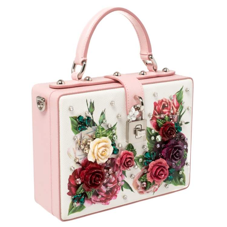 Pre Owned Dolce & Gabbana Pink/White Leather Floral Embellished Dolce Box Bag 