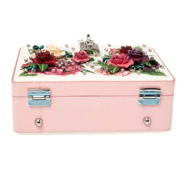 Pre Owned Dolce & Gabbana Pink/White Leather Floral Embellished Dolce Box Bag 