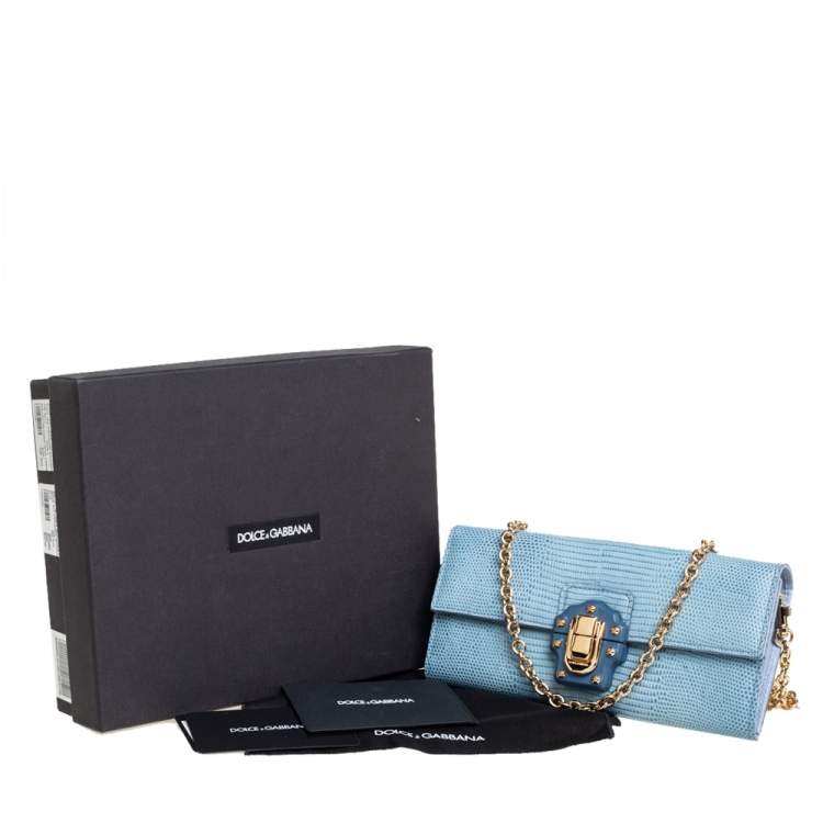 Pre Owned Dolce & Gabbana Blue Lizard Embossed Leather Lucia Wallet On Chain