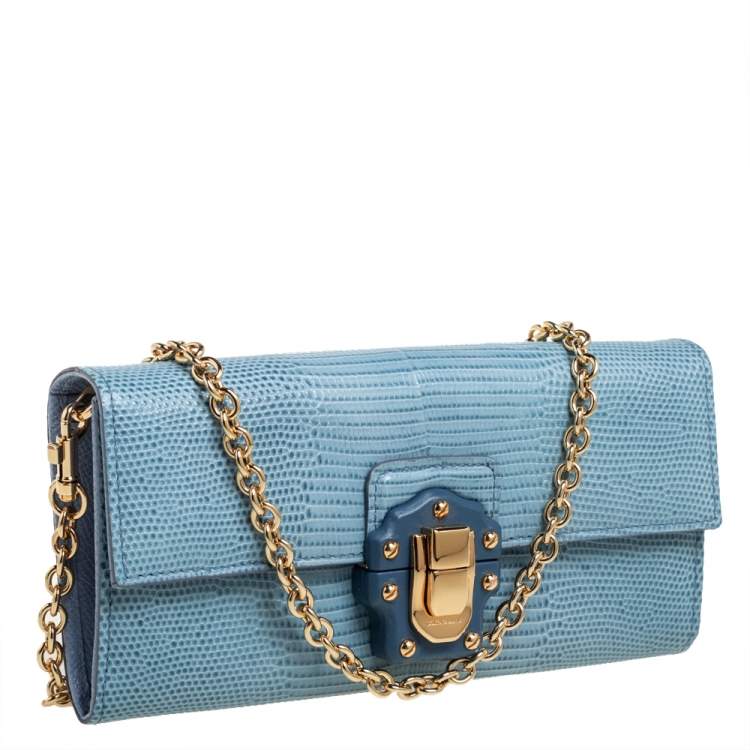 Pre Owned Dolce & Gabbana Blue Lizard Embossed Leather Lucia Wallet On Chain