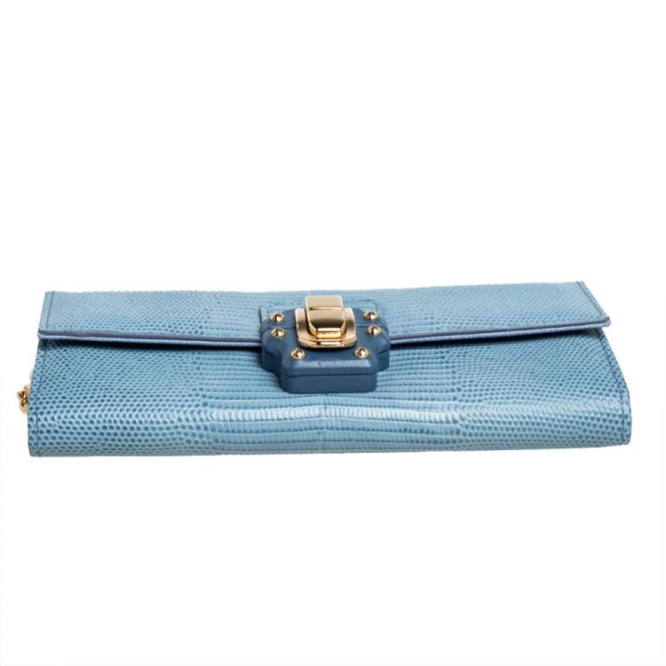 Pre Owned Dolce & Gabbana Blue Lizard Embossed Leather Lucia Wallet On Chain