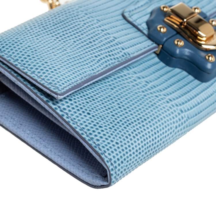 Pre Owned Dolce & Gabbana Blue Lizard Embossed Leather Lucia Wallet On Chain