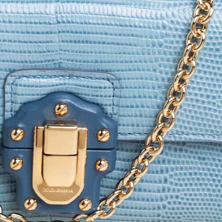 Pre Owned Dolce & Gabbana Blue Lizard Embossed Leather Lucia Wallet On Chain