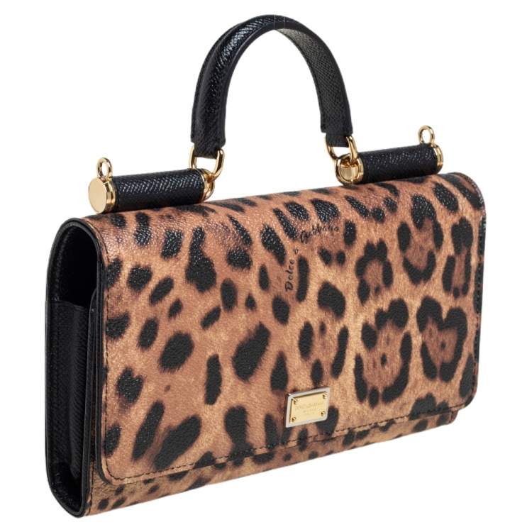 Pre Owned Dolce & Gabbana Black/Brown Leopard Print Coated Canvas Sicily Lipstick Wallet on Chain