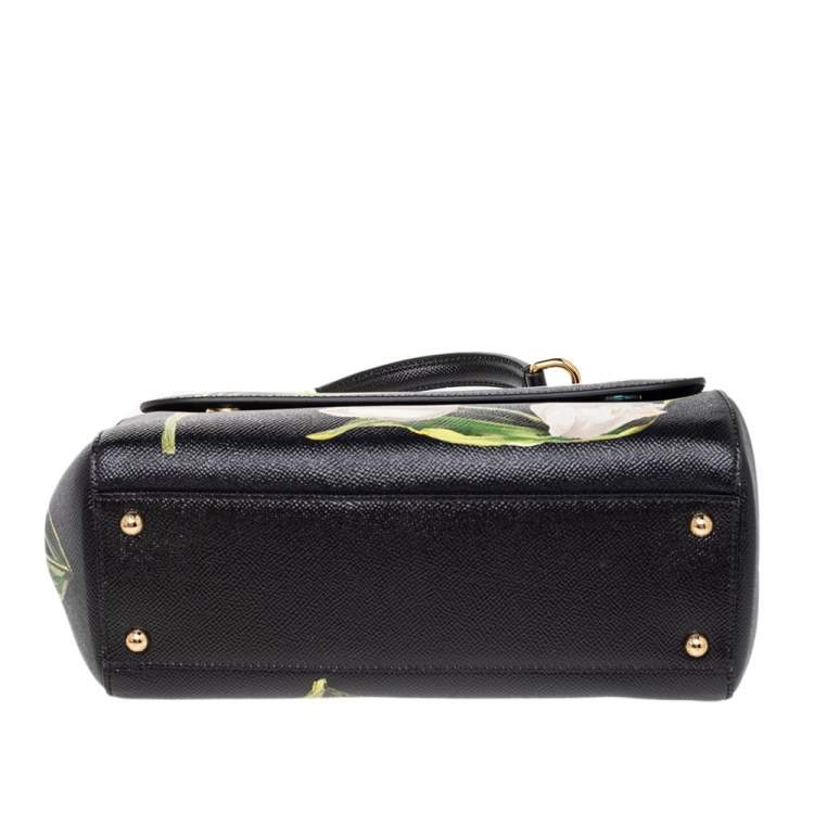 Pre Owned Dolce & Gabbana Black Tulip Print Leather Medium Miss Sicily Top Handle Bag
