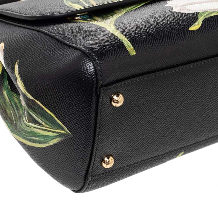 Pre Owned Dolce & Gabbana Black Tulip Print Leather Medium Miss Sicily Top Handle Bag