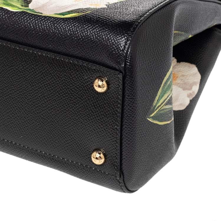Pre Owned Dolce & Gabbana Black Tulip Print Leather Medium Miss Sicily Top Handle Bag