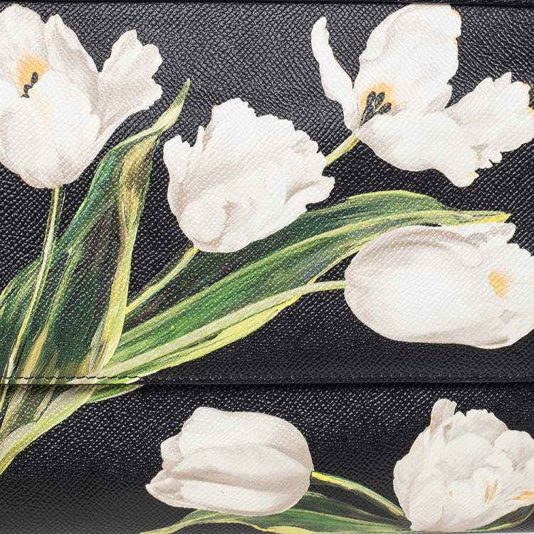 Pre Owned Dolce & Gabbana Black Tulip Print Leather Medium Miss Sicily Top Handle Bag