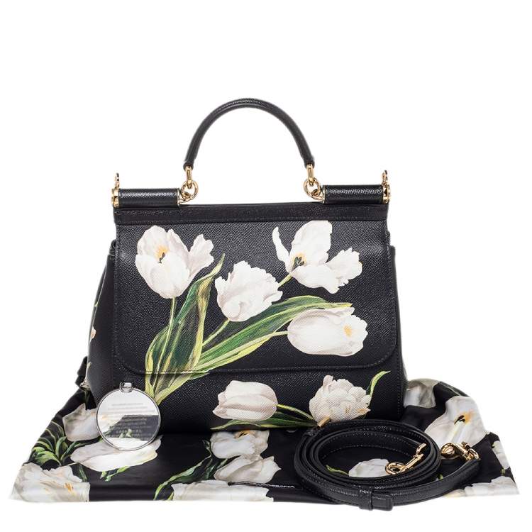 Pre Owned Dolce & Gabbana Black Tulip Print Leather Medium Miss Sicily Top Handle Bag