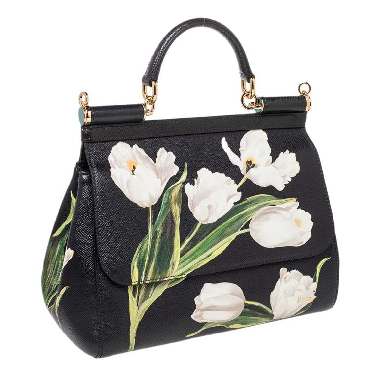 Pre Owned Dolce & Gabbana Black Tulip Print Leather Medium Miss Sicily Top Handle Bag