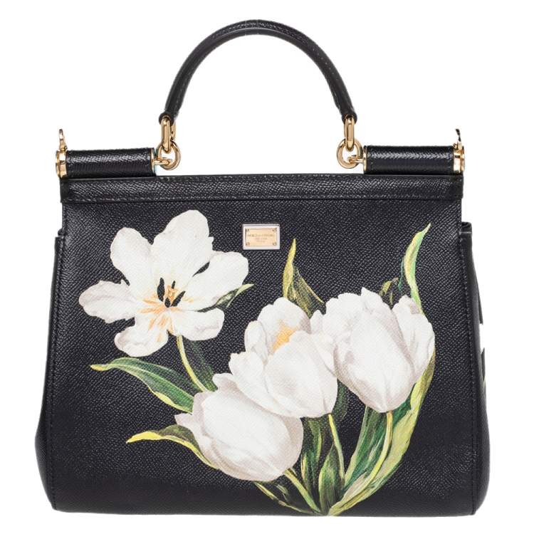 Pre Owned Dolce & Gabbana Black Tulip Print Leather Medium Miss Sicily Top Handle Bag