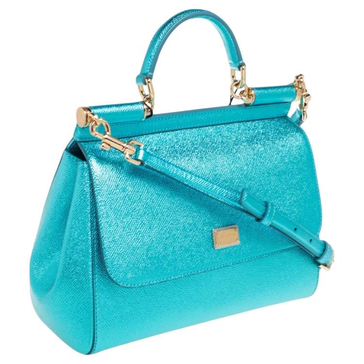 Pre Owned Dolce & Gabbana Metallic Celeste Leather Medium Miss Sicily Top Handle Bag