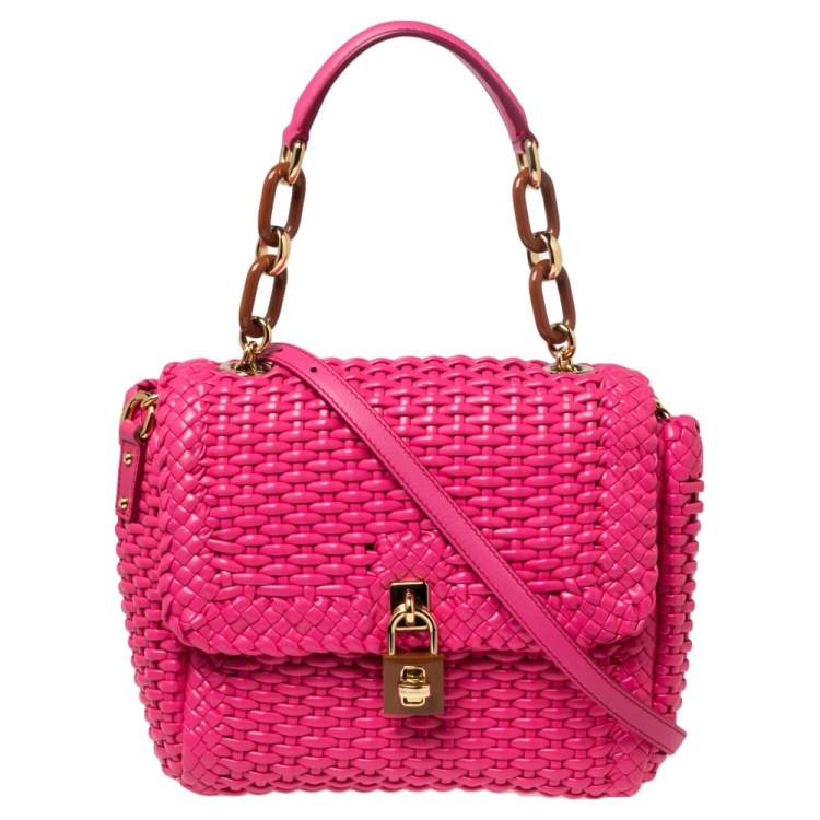 Pre Owned Dolce & Gabbana Pink Woven Leather Padlock Top Handle Bag