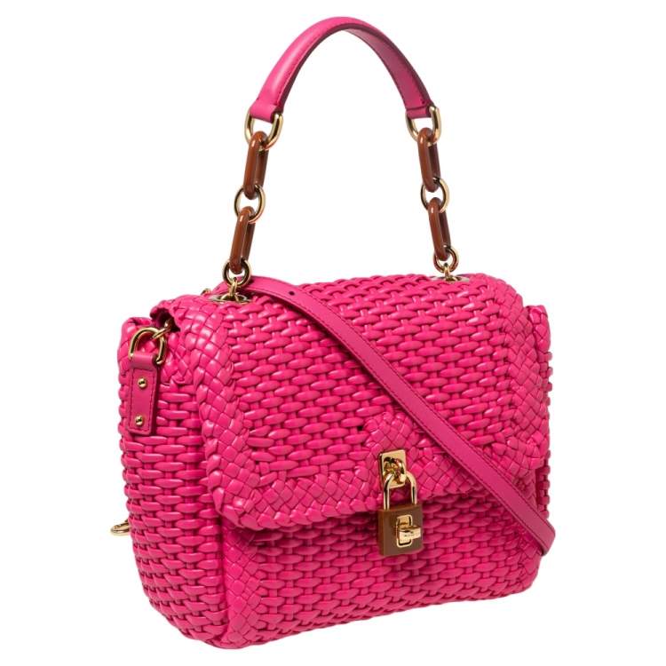 Pre Owned Dolce & Gabbana Pink Woven Leather Padlock Top Handle Bag