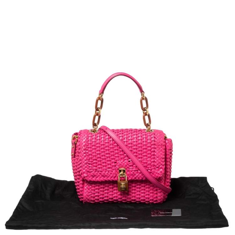 Pre Owned Dolce & Gabbana Pink Woven Leather Padlock Top Handle Bag