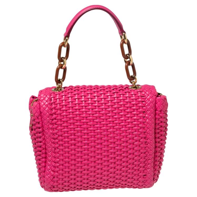Pre Owned Dolce & Gabbana Pink Woven Leather Padlock Top Handle Bag