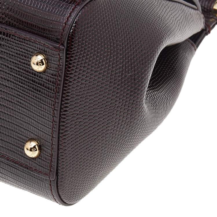 Pre Owned Dolce & Gabbana Burgundy Lizard Embossed Leather Crystal DG Logo Medium Miss Sicily Bag