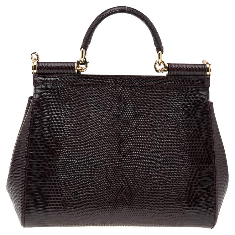 Pre Owned Dolce & Gabbana Burgundy Lizard Embossed Leather Crystal DG Logo Medium Miss Sicily Bag