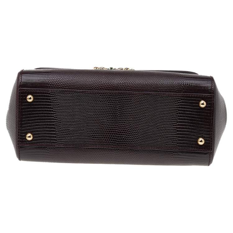 Pre Owned Dolce & Gabbana Burgundy Lizard Embossed Leather Crystal DG Logo Medium Miss Sicily Bag