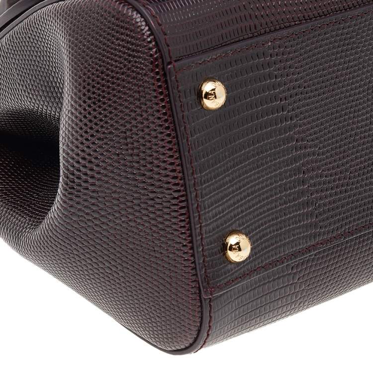 Pre Owned Dolce & Gabbana Burgundy Lizard Embossed Leather Crystal DG Logo Medium Miss Sicily Bag