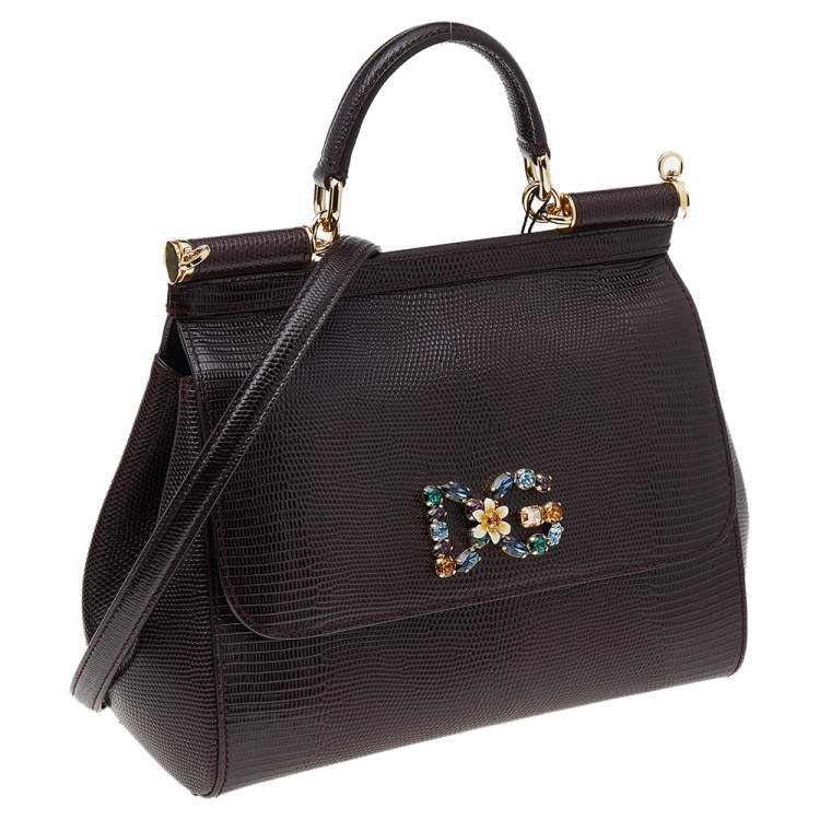 Pre Owned Dolce & Gabbana Burgundy Lizard Embossed Leather Crystal DG Logo Medium Miss Sicily Bag