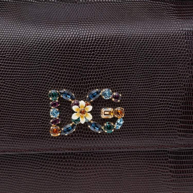 Pre Owned Dolce & Gabbana Burgundy Lizard Embossed Leather Crystal DG Logo Medium Miss Sicily Bag