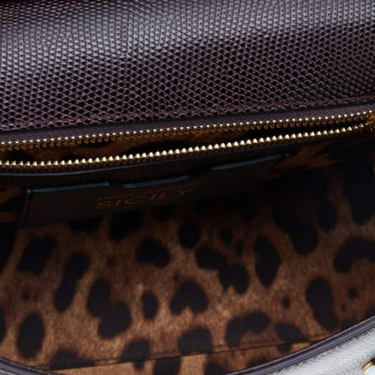 Pre Owned Dolce & Gabbana Burgundy Lizard Embossed Leather Crystal DG Logo Medium Miss Sicily Bag
