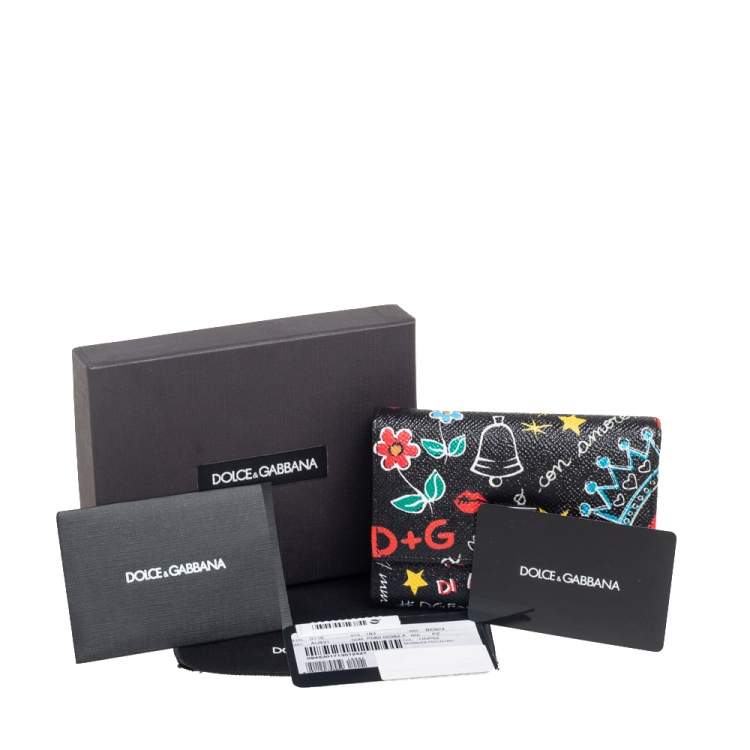 Pre Owned Dolce & Gabbana Black Graffiti Print Leather Tri-fold Wallet