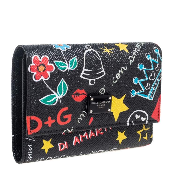 Pre Owned Dolce & Gabbana Black Graffiti Print Leather Tri-fold Wallet